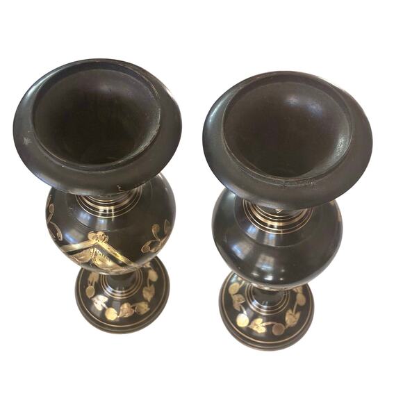 Vintage Moradabad Brass Vase Pair – Black & Gold Floral-10'' - Picture 2 of 4